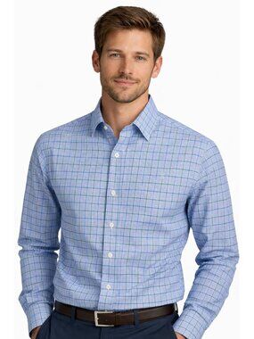 James Tattersall Button Down Shirt Checks Size 16/16.5 L Blue 100% Cotton